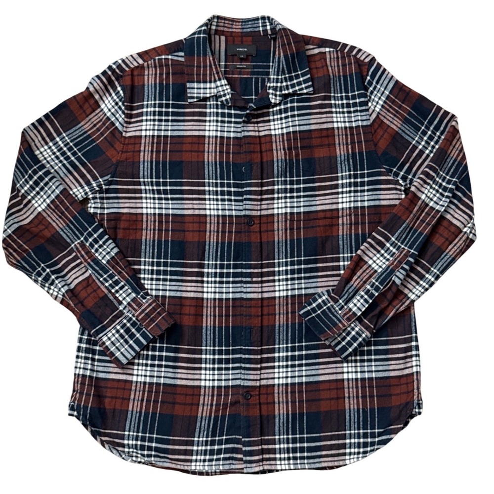 Vince Mens Plaid Flannel Button Down Shirt Rust Navy Blue White‎ L 245$ GG26